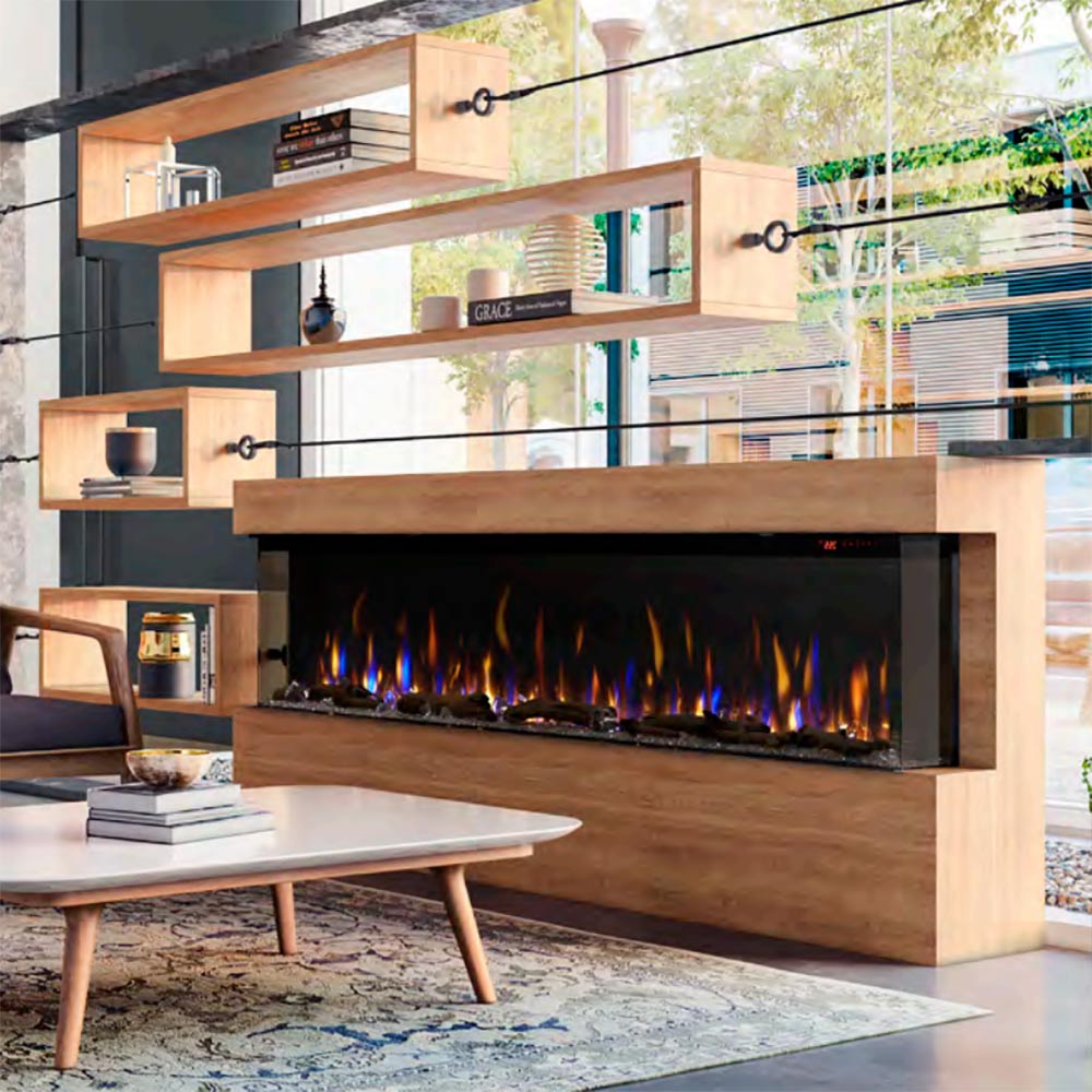 Built-in linear electric fireplace in a wood surround with flame LED display and black outer trim