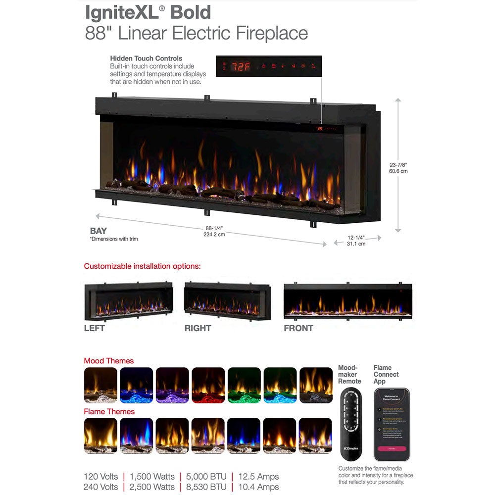 Linear electric fireplace diagram showing front view, flame window, and control panel