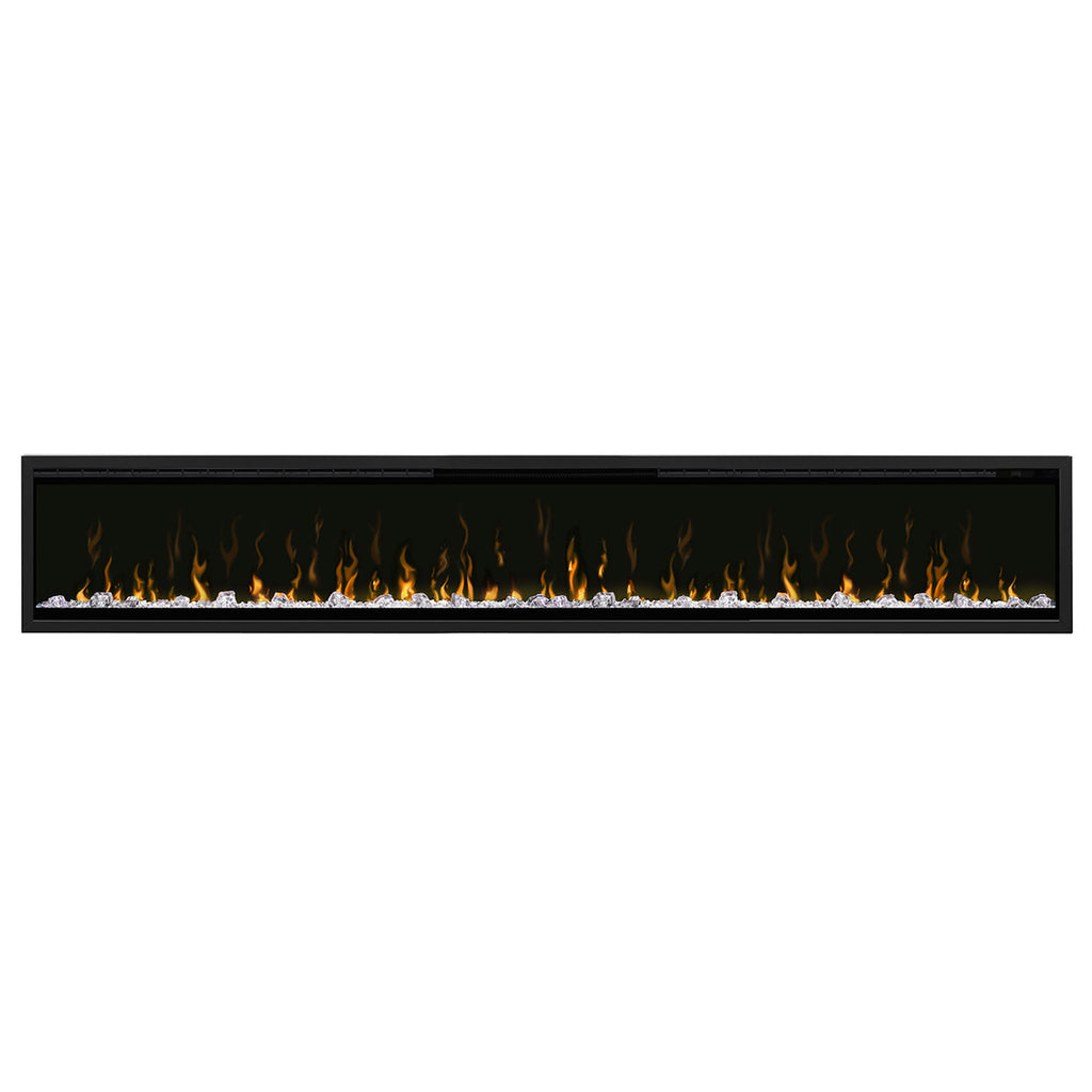 Black metal fireplace trim with viewing window and flame effect