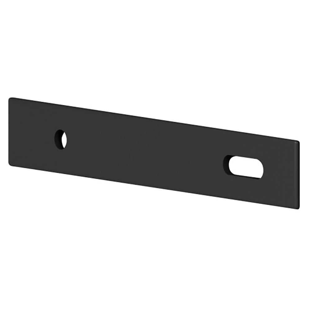 Black metal linking bracket with mounting holes and cutout slot