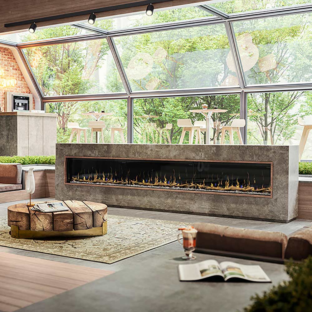 Outdoor electric fireplace with glass-front flame display and white surround