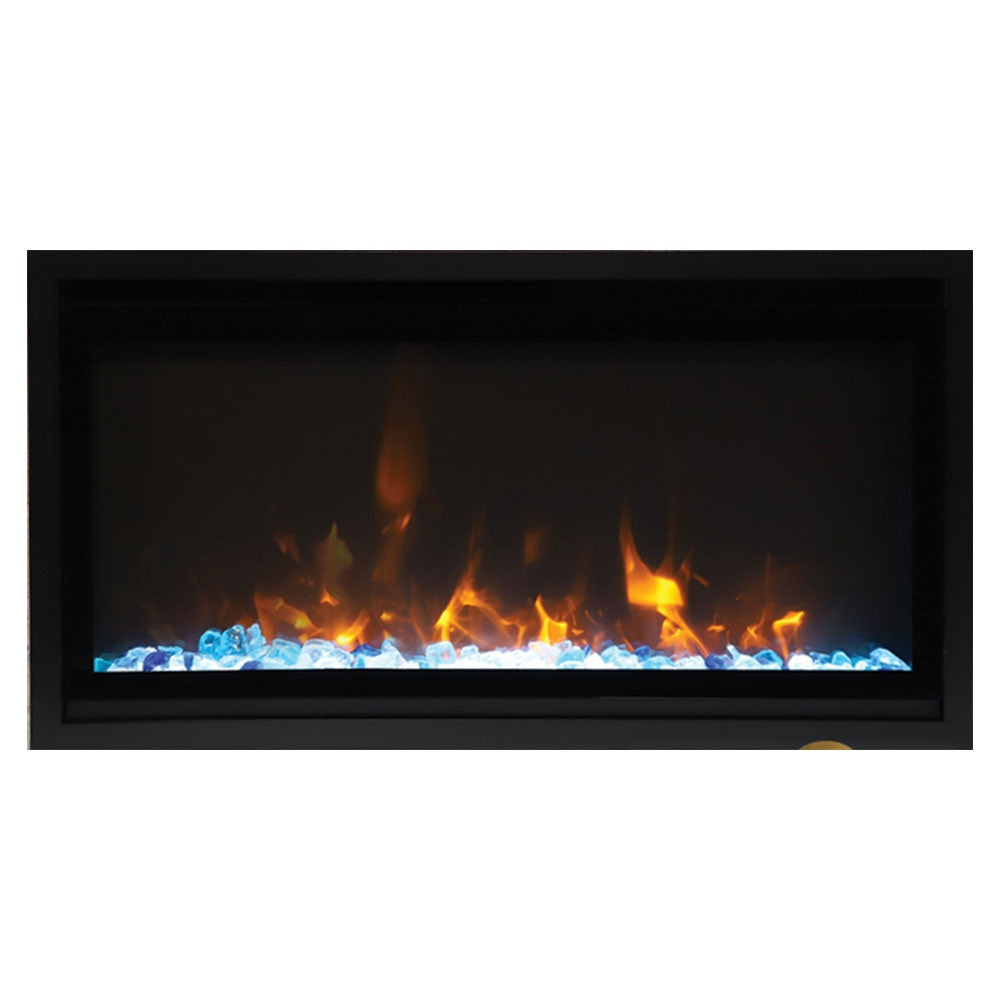 Slim black electric fireplace with glass front showing blue LED embers and orange flames