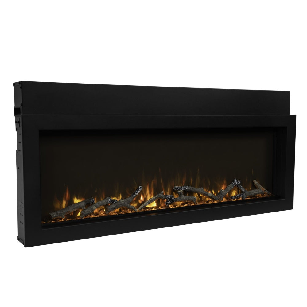 Rectangular black electric fireplace insert with visible logs and orange flames behind glass