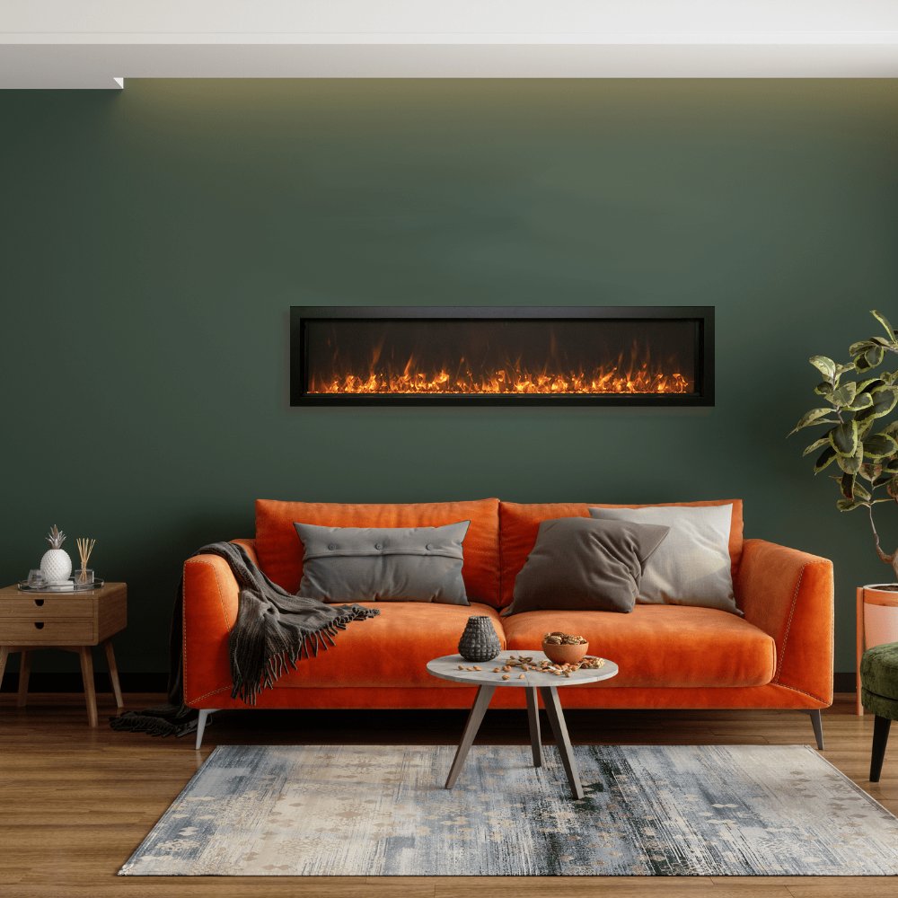 Slim black electric fireplace with orange flame display behind glass