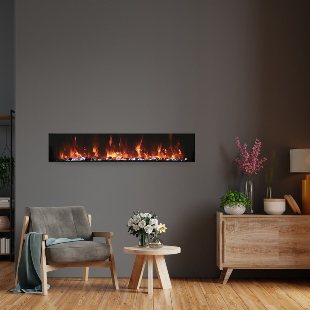 Slim wall-mounted electric fireplace with black frame and glowing orange flame bed