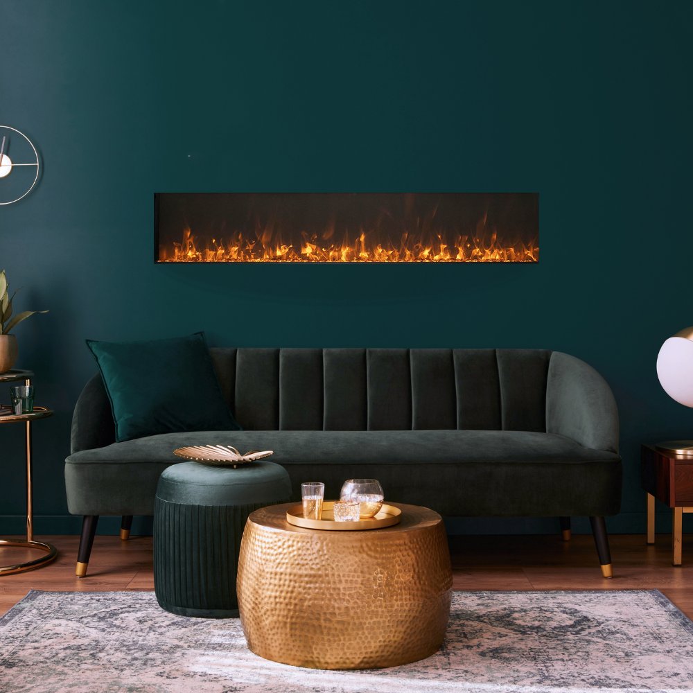 Slim electric fireplace with black frame, bright orange flames, and multi-color ember glow