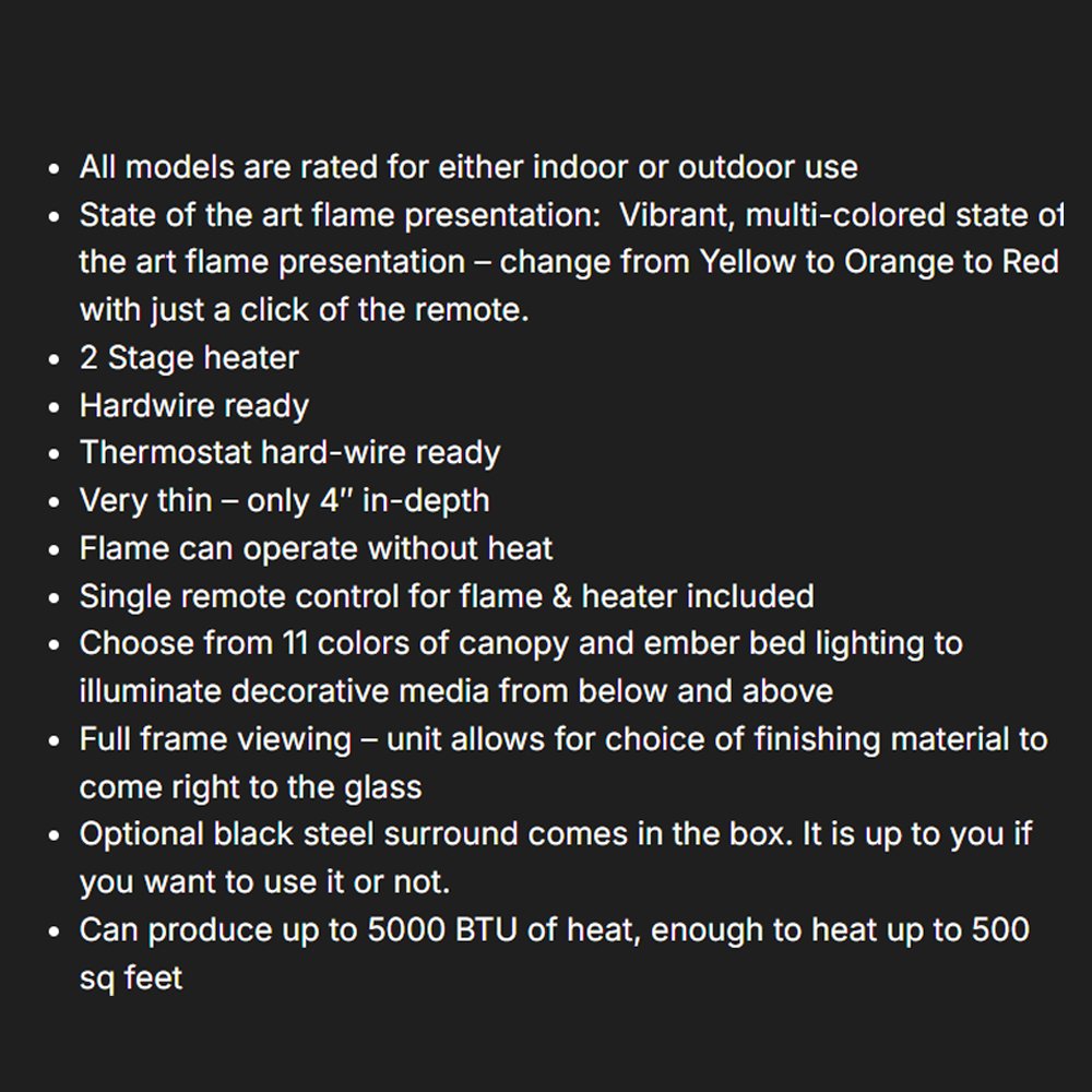 Feature list card for electric fireplace, including flame and heating mode bullets