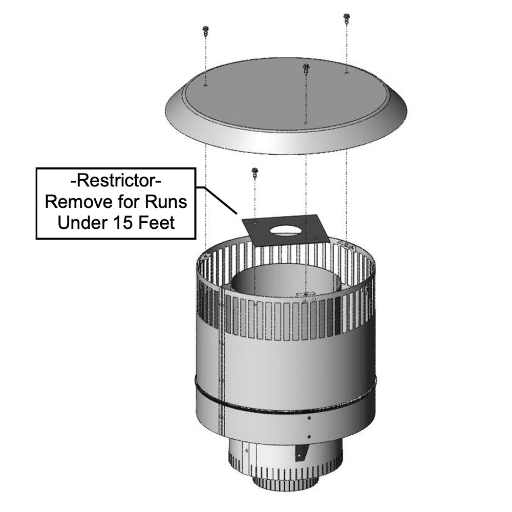 Chimney vent termination with round cap and cylindrical flue, showing inner restrictor
