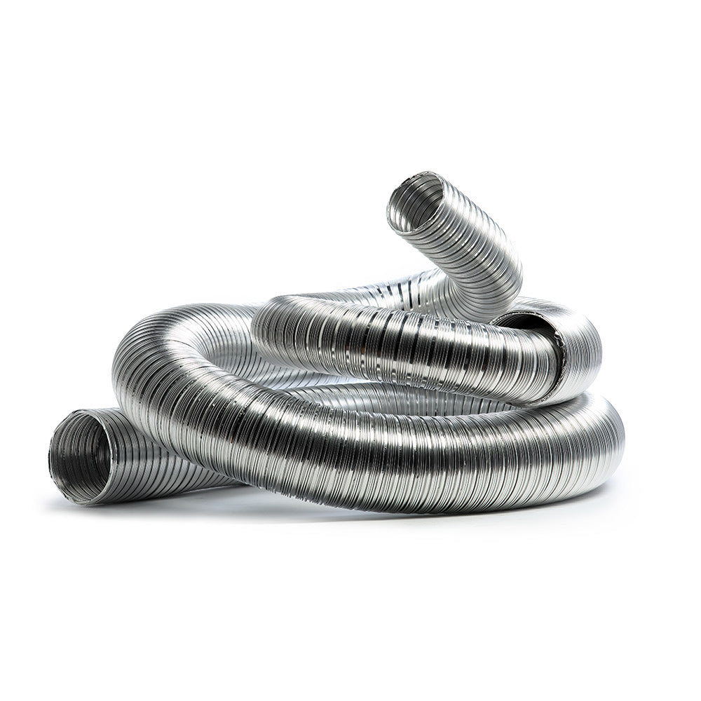 Flexible chimney stove pipe kit, corrugated silver metal sections coiled and connected