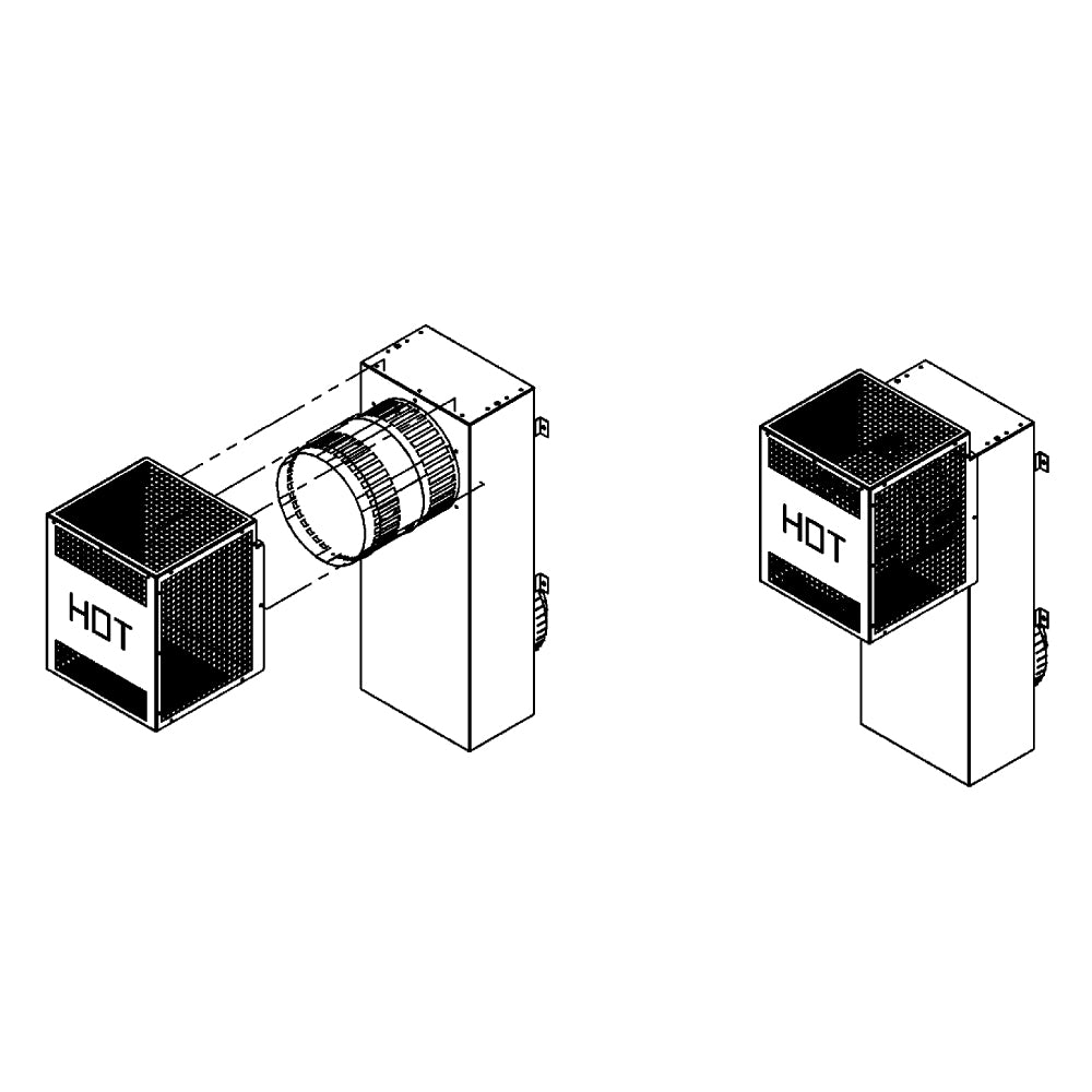 Chimney vent safety cage shown around snorkel termination, perforated metal mesh