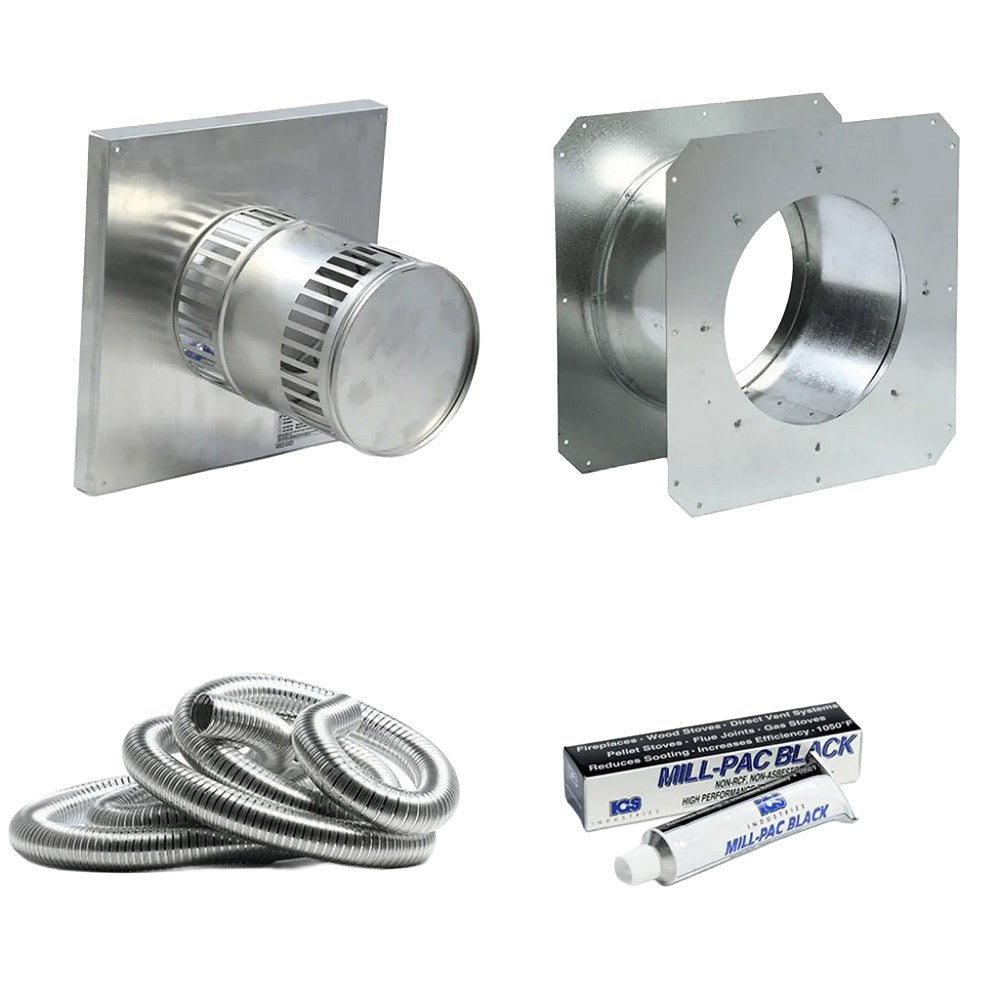 Chimney vent starter kit: metal wall plate, round duct connector, flexible vent hose