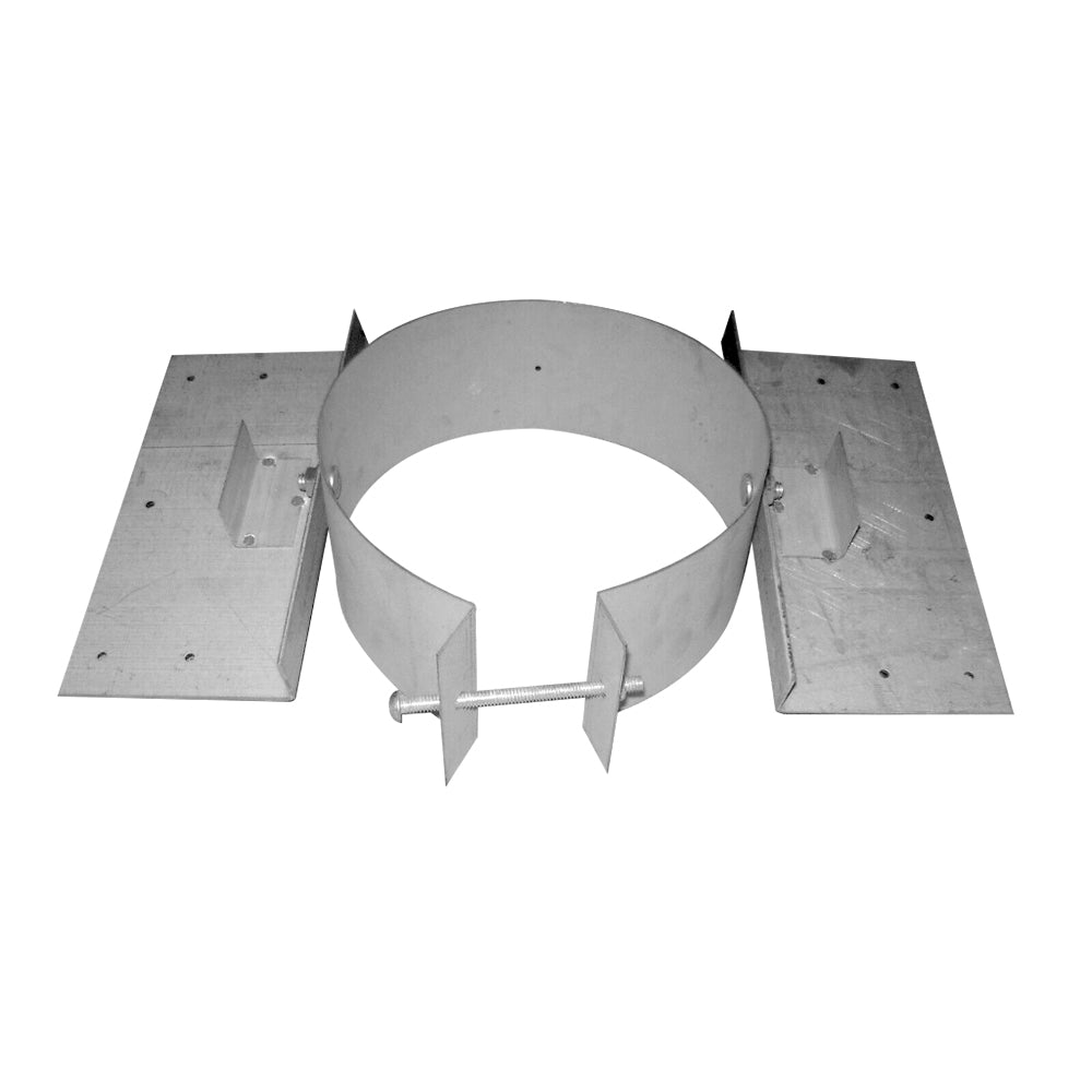 Metal chimney vent roof support bracket with round flashing ring and side plates
