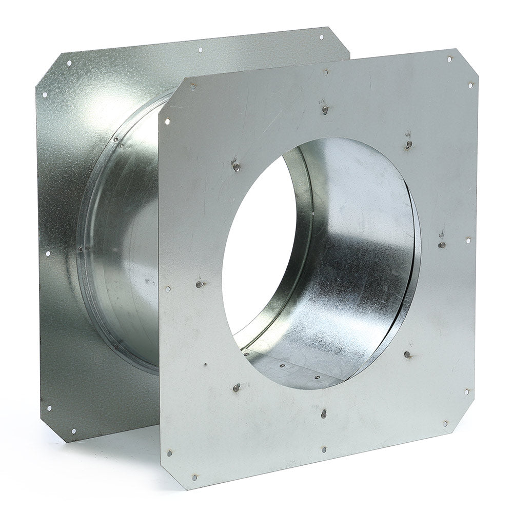 Galvanized metal wall thimble with wide round opening for horizontal chimney venting