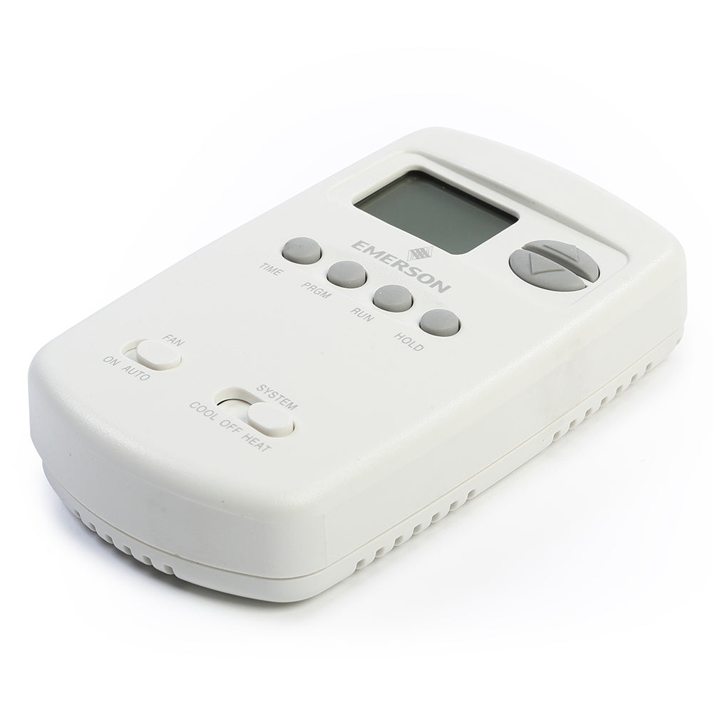 White programmable digital wall thermostat with LCD screen and round control knob