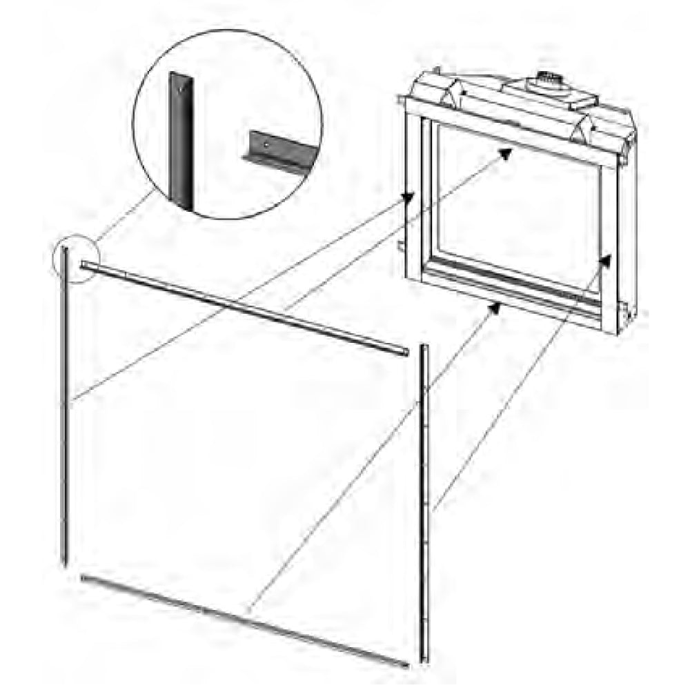 Direct vent gas fireplace tile lip kit, metal frame with side brackets and measurements