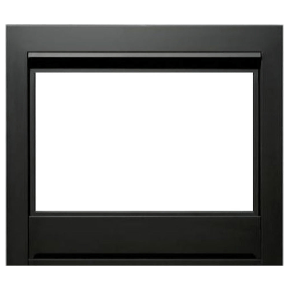 Black fireplace surround frame with rectangular opening for flush mount