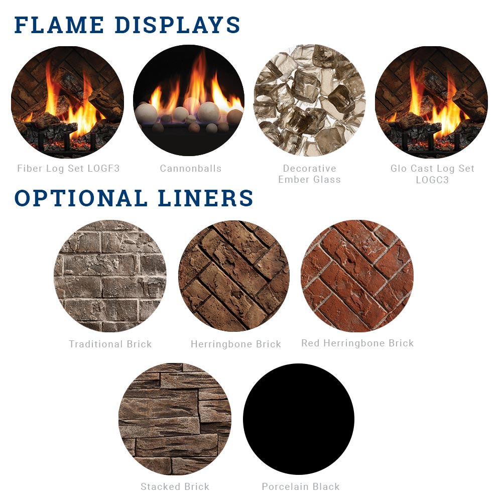 Diagram of flame display and optional liner styles for direct vent gas fireplace