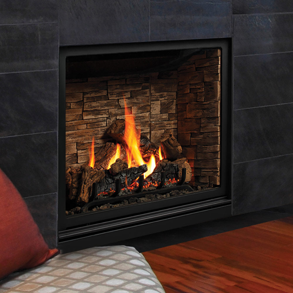 Direct vent gas fireplace with glass front, gray frame, burning flames and log set