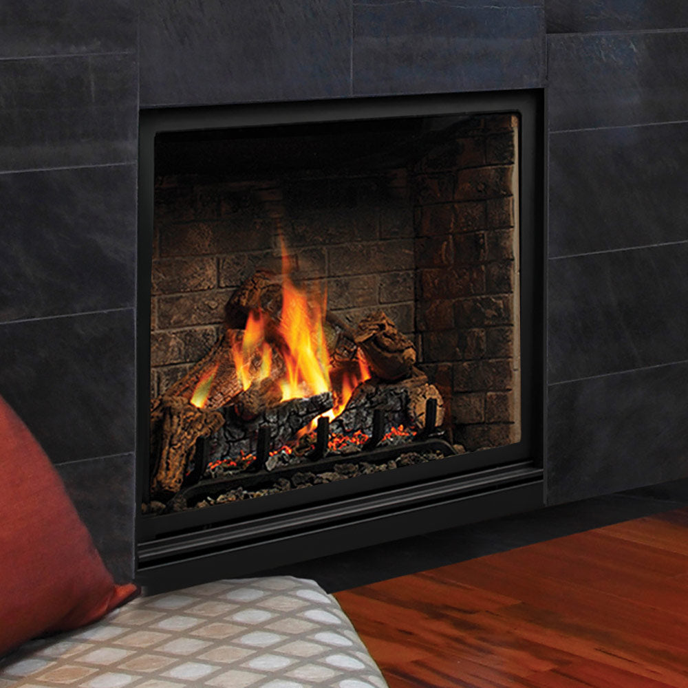 Direct vent gas fireplace with glass front, gray frame, burning flames and ember bed