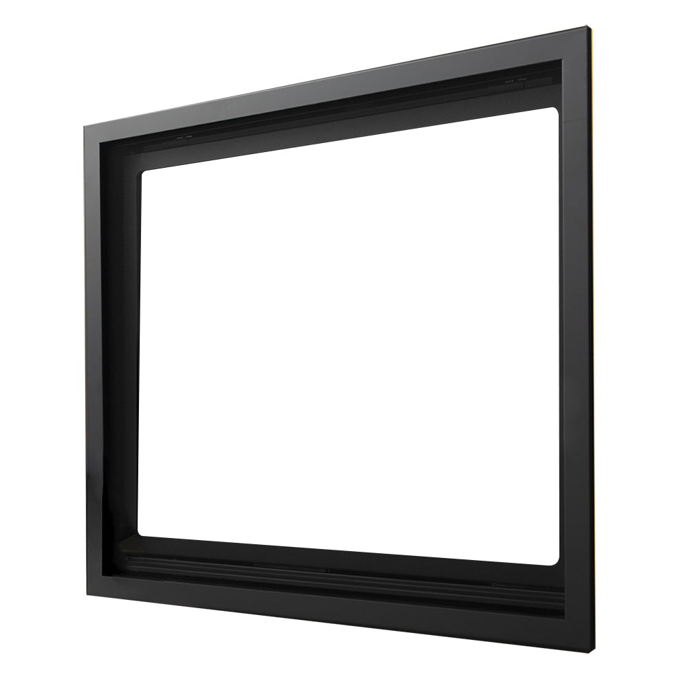 Black thin picture frame surround with rectangular opening for vent-free firebox