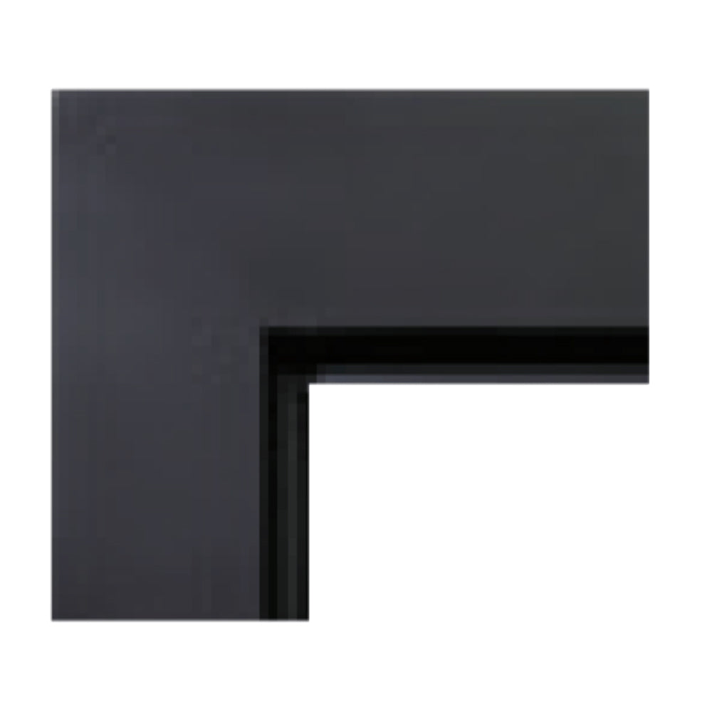 Black wide picture frame fireplace surround with square cutout opening, corner view