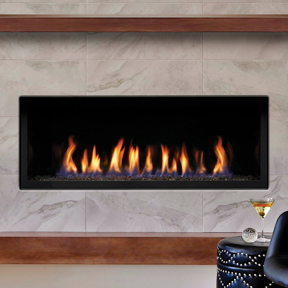66-inch linear direct vent gas fireplace with dark frame, long row of flames