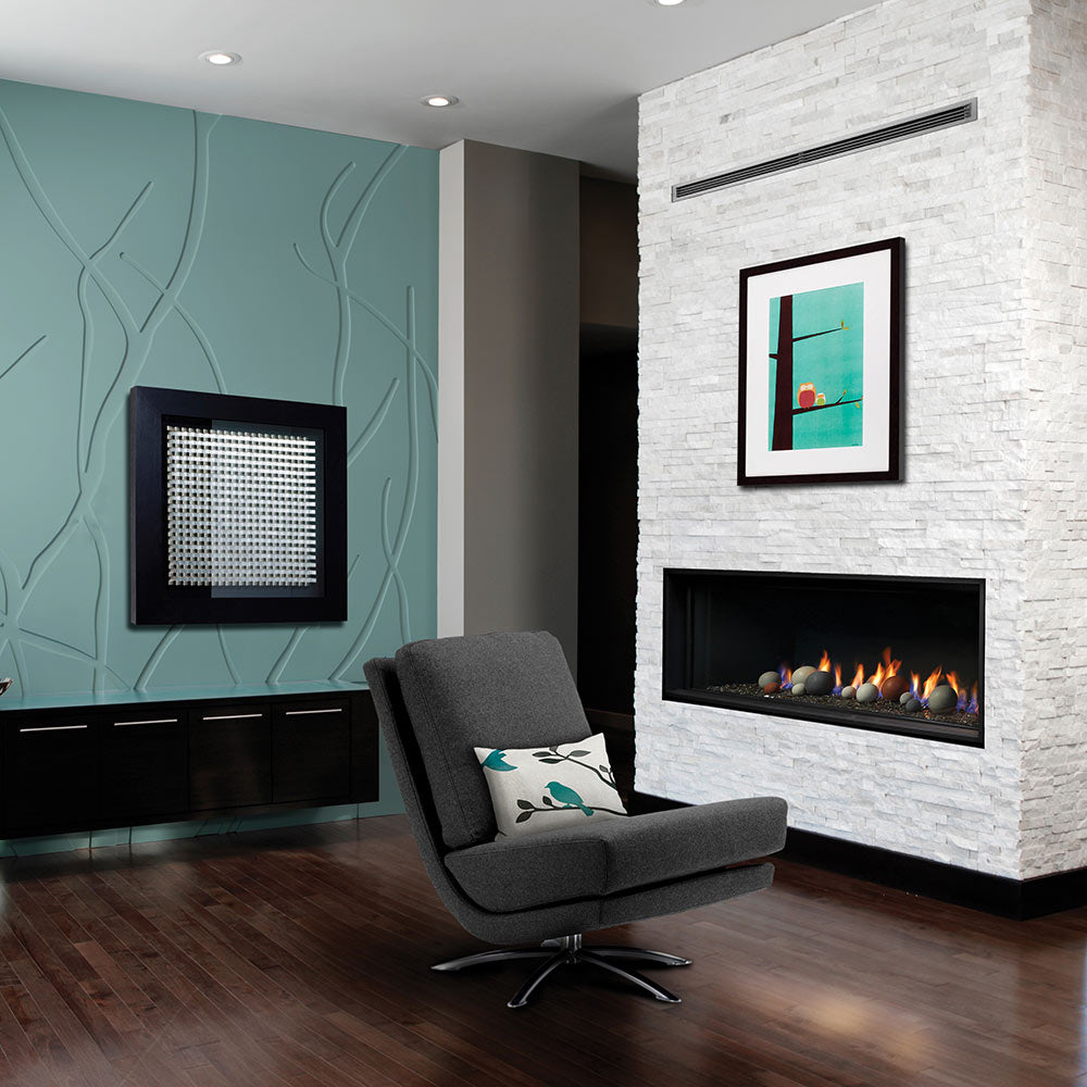 Linear direct vent gas fireplace with black surround, flames visible behind glass
