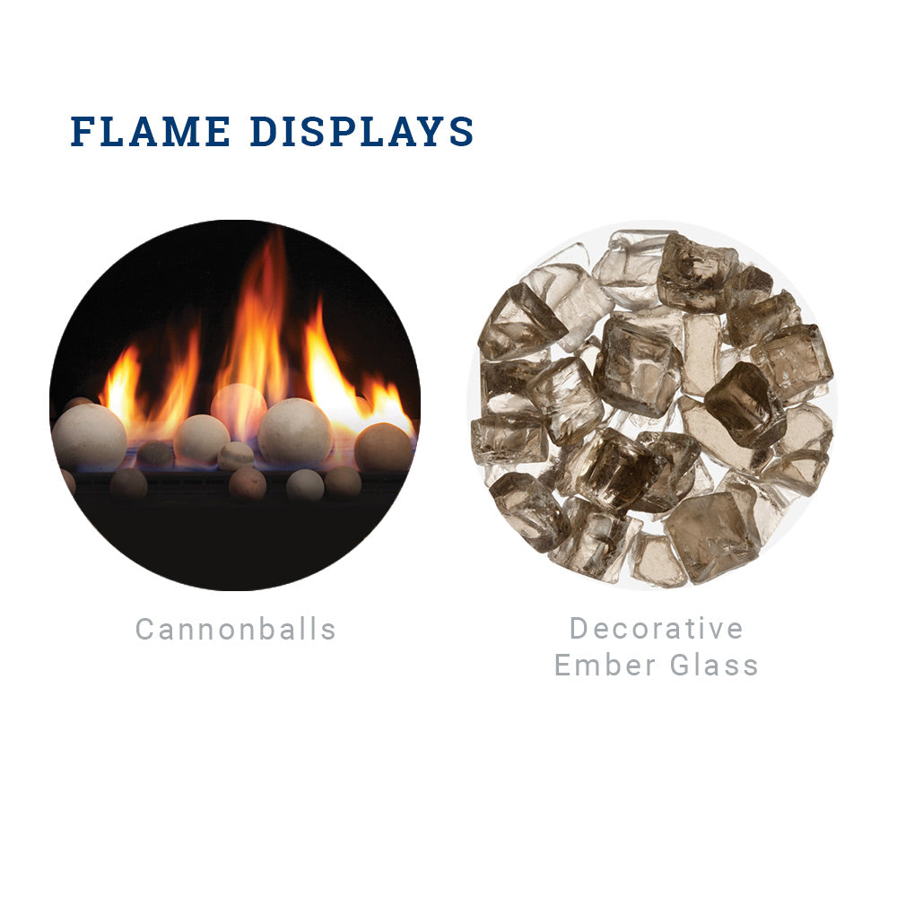 Fireplace flame display graphic: cannonballs and decorative ember glass samples
