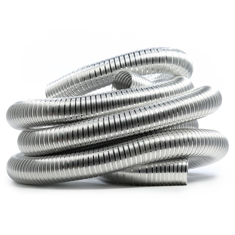 Flexible stove pipe kit, coiled silver metal duct with black inner liner
