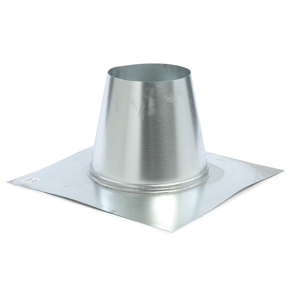 Metal roof flashing with round storm collar, flat base for vertical venting, silver tone