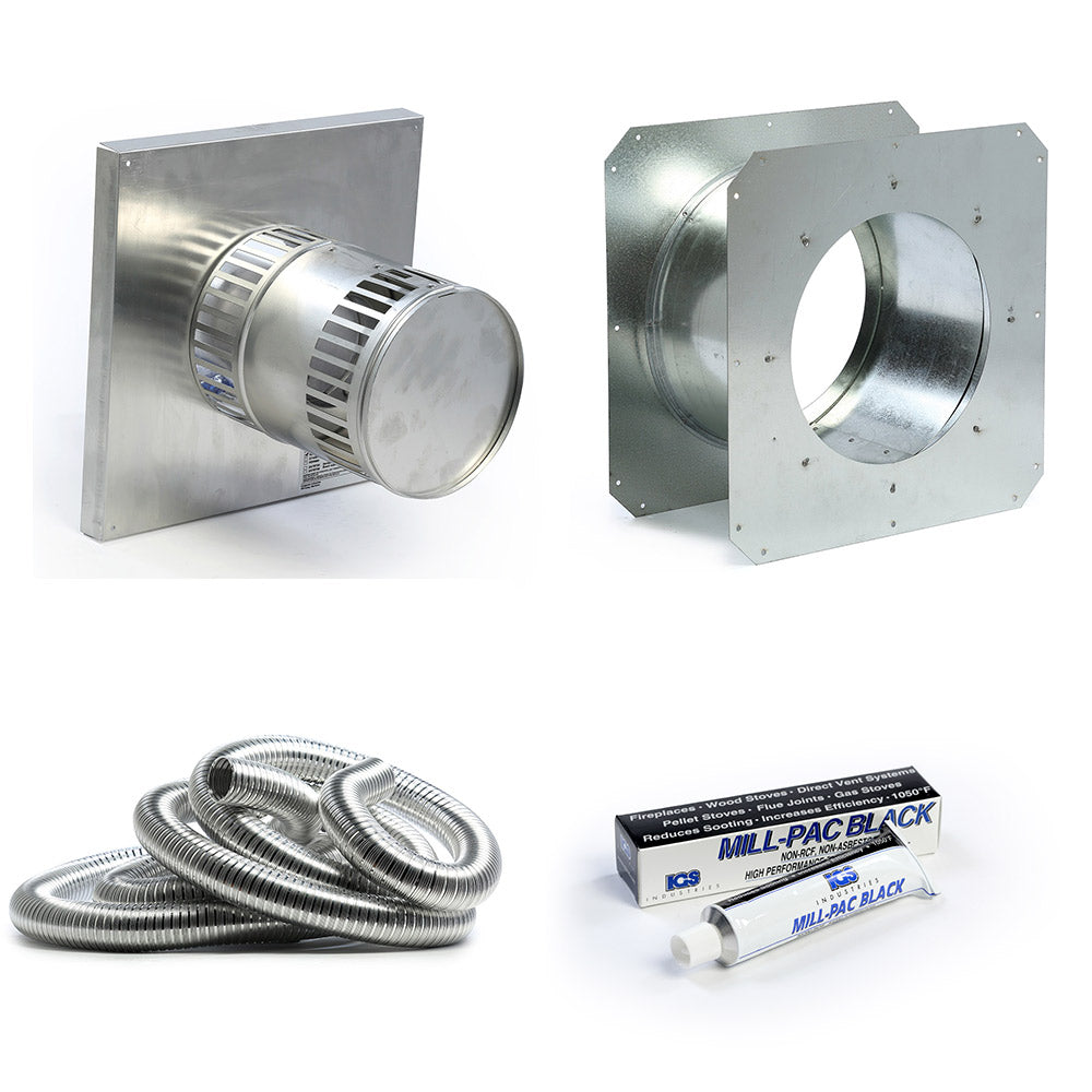 Chimney vent termination starter kit with round metal collar and coiled 36 in flex pipe