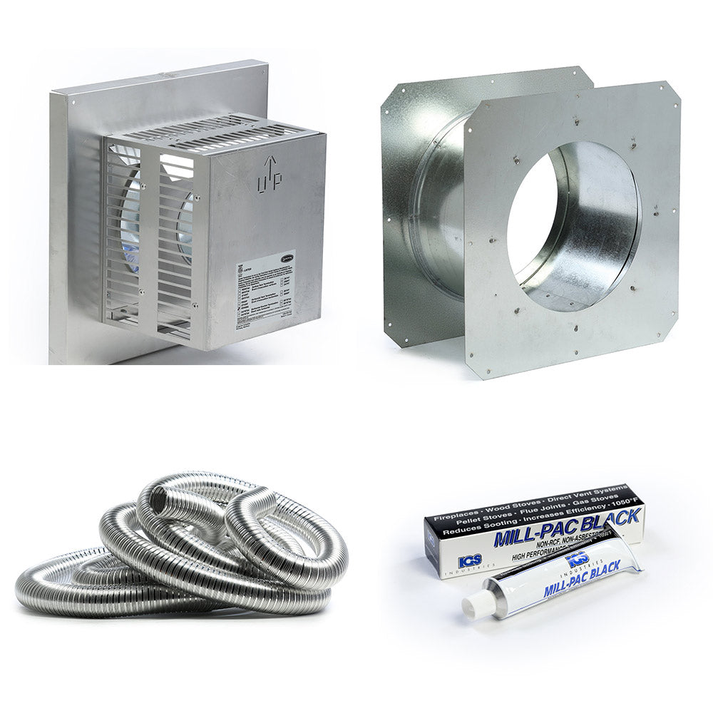 Chimney vent termination starter kit with square metal vent and coiled flex pipe