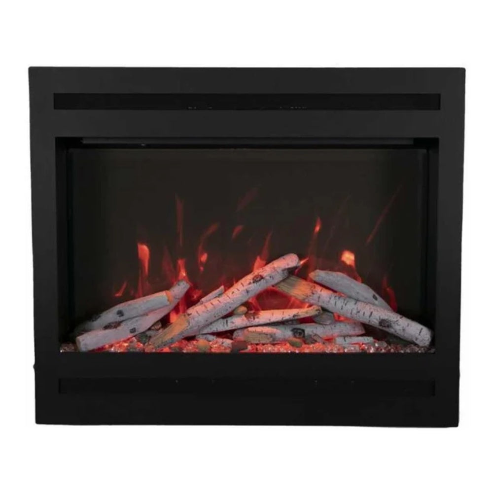 Black electric fireplace with log set and red flame effect, glowing embers