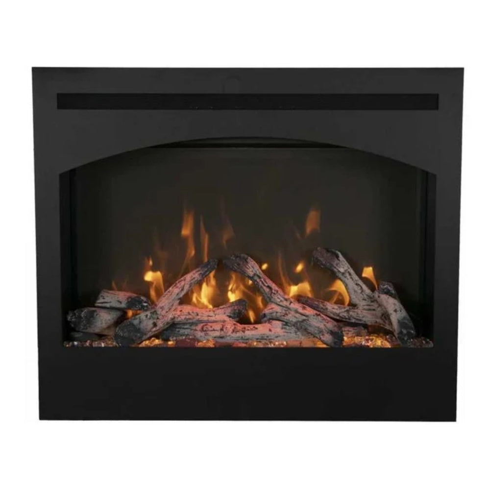 Black electric fireplace with 6-piece log set, orange flames and glowing embers