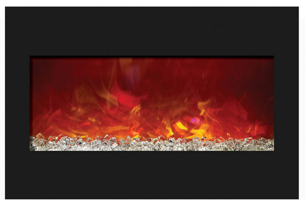 Built-in electric fireplace with black surround and glowing flame display behind glass