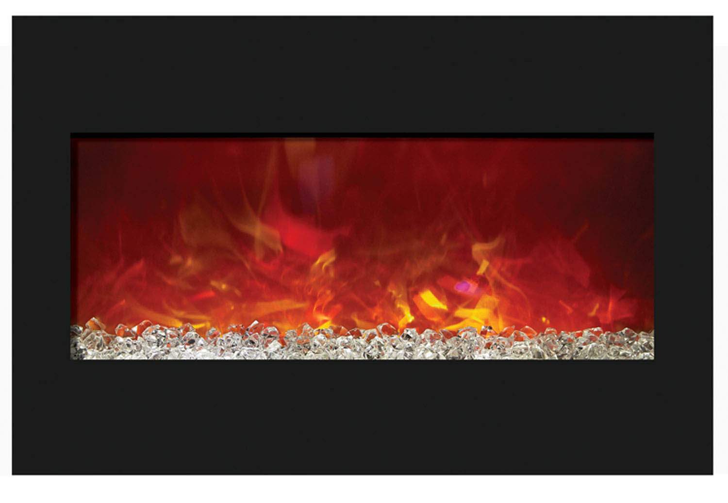 Built-in electric fireplace with black surround and glowing flame display behind glass