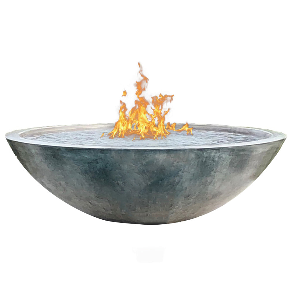 Round concrete fire bowl with water pool and flames, gray finish