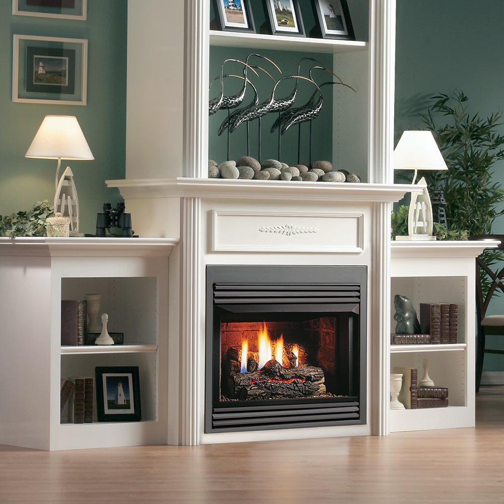 33-inch vent-free gas firebox with log set, glass front panel and burning flames