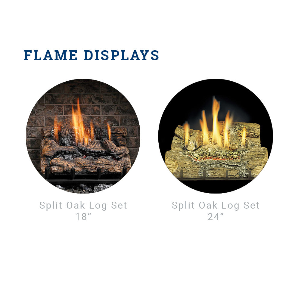 Flame displays for Split Oak Log Set: 18 in and 24 in log lengths