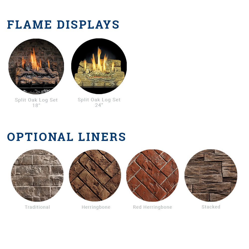 Flame displays and optional liner styles for vent-free gas firebox, circular icons