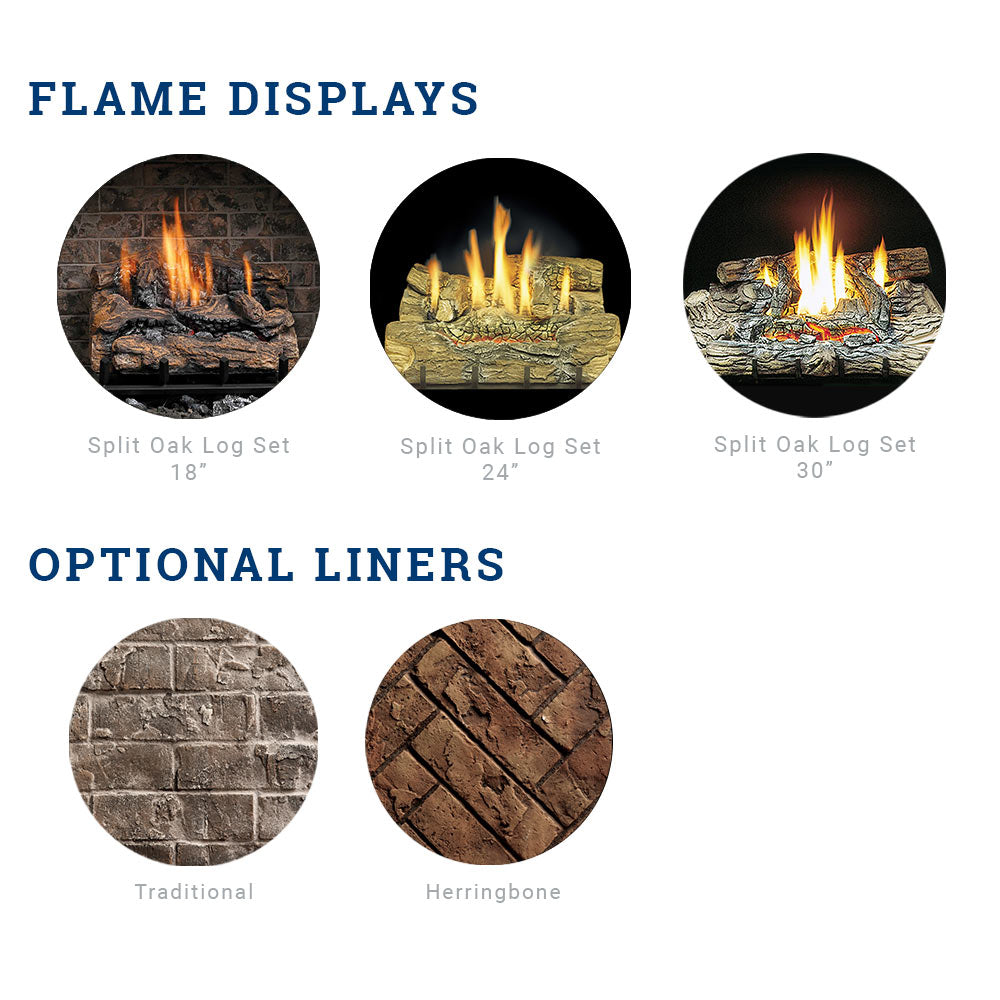 Flame display options graphic for split oak log set 18/24/30 and optional liners