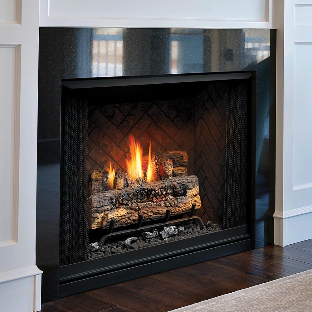 42-inch zero clearance vent-free gas firebox with log set, glowing flames