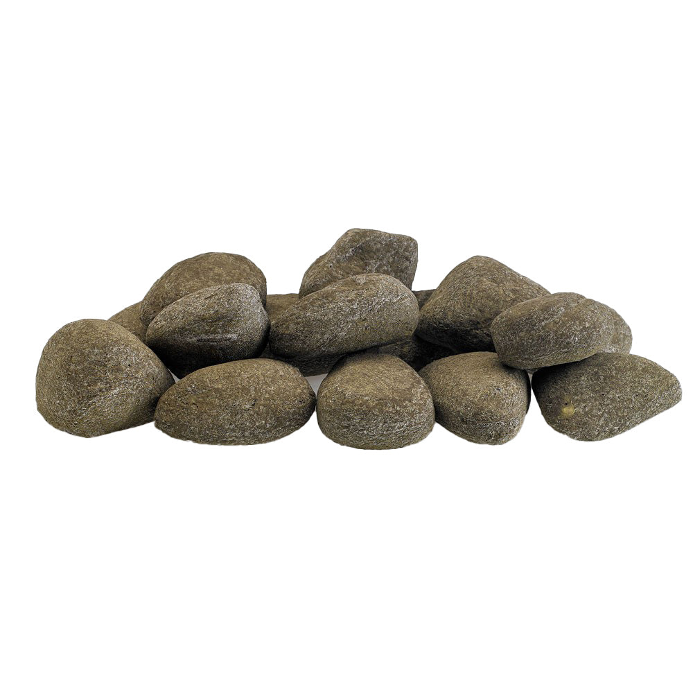 Ceramic fire glass lite stones in olive green-gray, smooth rounded pebbles