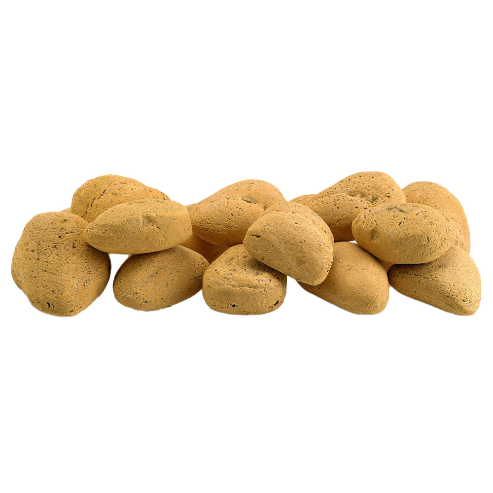 Ceramic fire glass lite stones in golden tan, smooth rounded pebbles