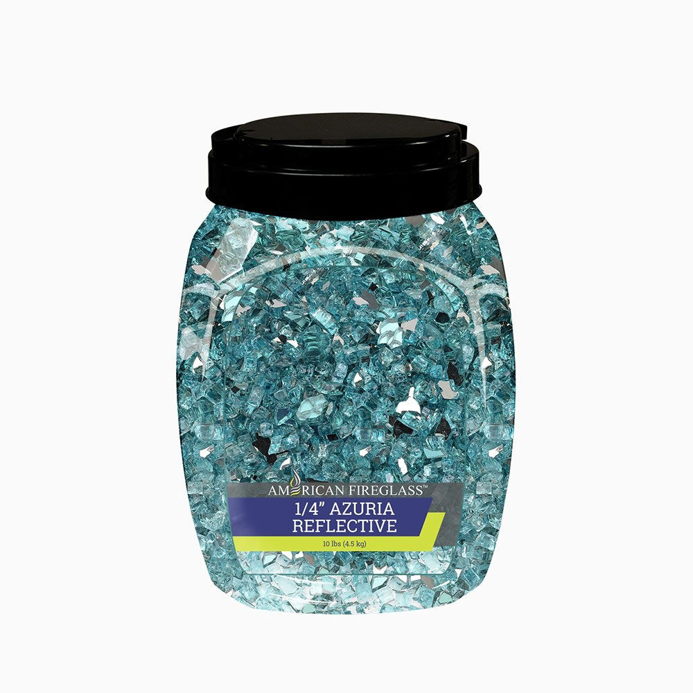 American Fire Glass Azuria Reflective jar filled with teal-blue fire glass shards