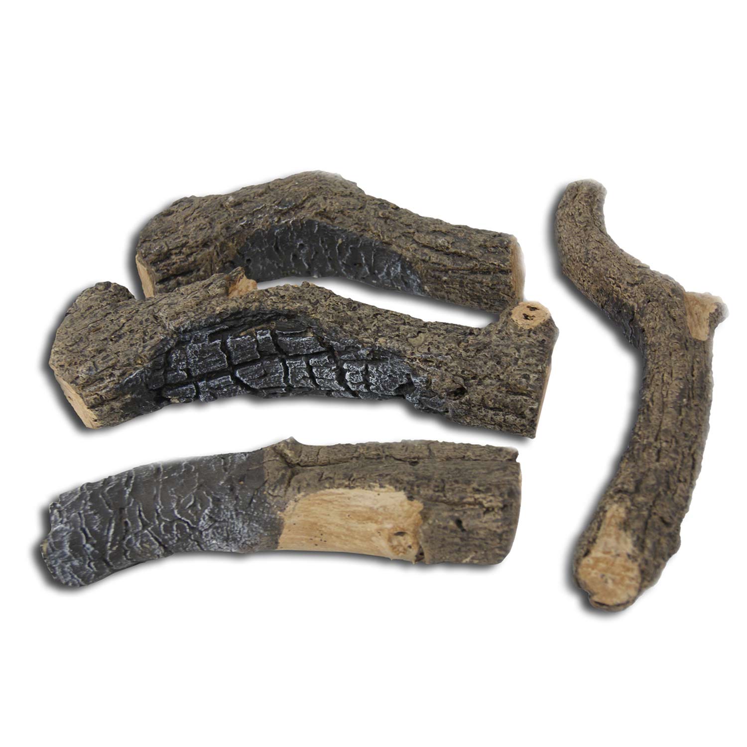 Charred oak branches set of four, dark textured logs with cut ends