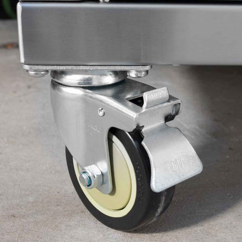 Grill cart wheel and caster mount under stainless steel base