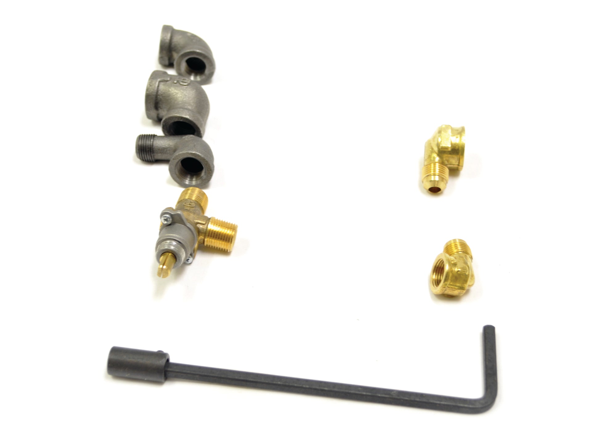 Fire manual valve kit with brass fittings, gray body, and L-handle hex key