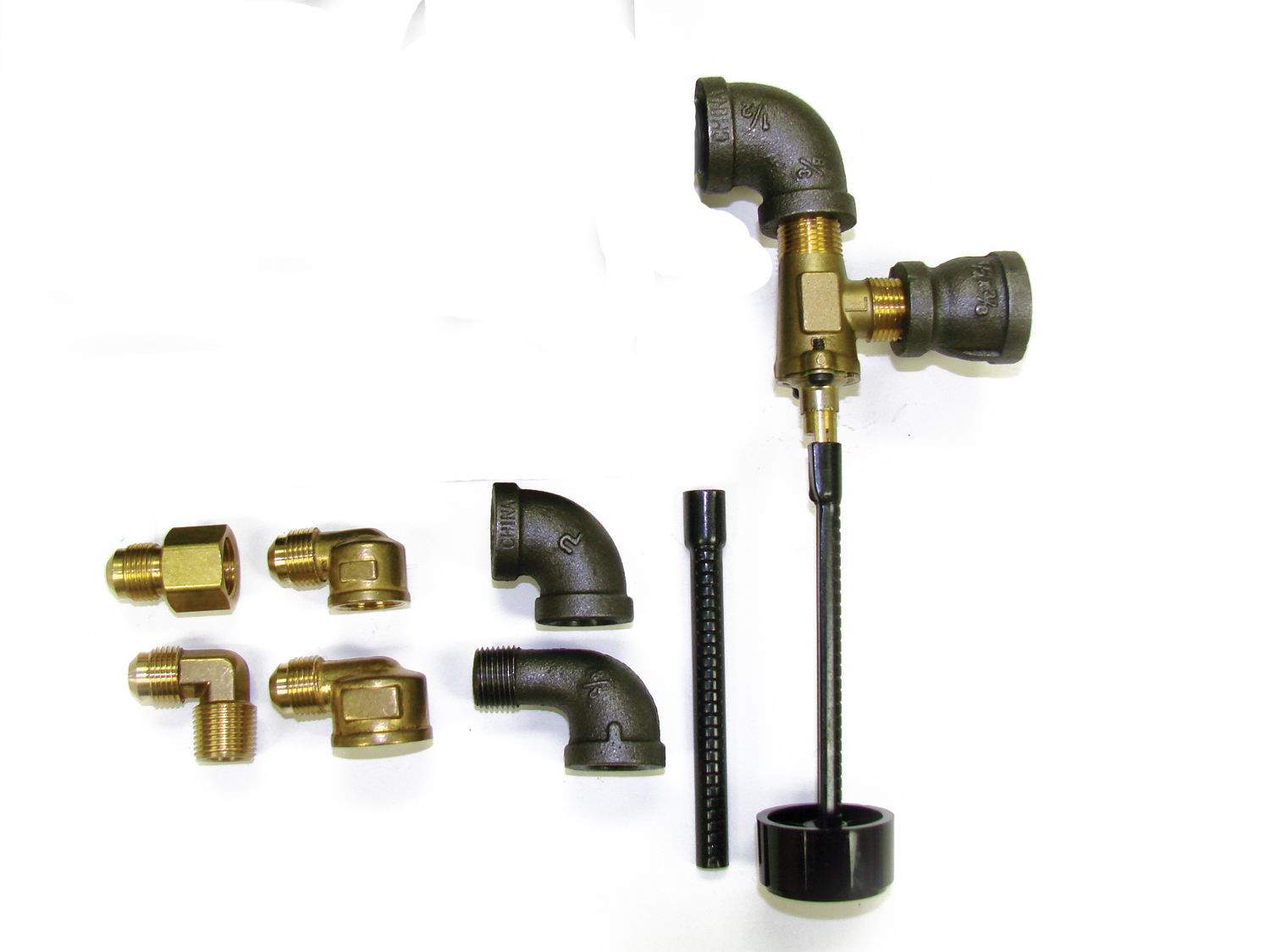 Fire manual valve kit with two extensions and assorted brass fittings, including elbows and couplers