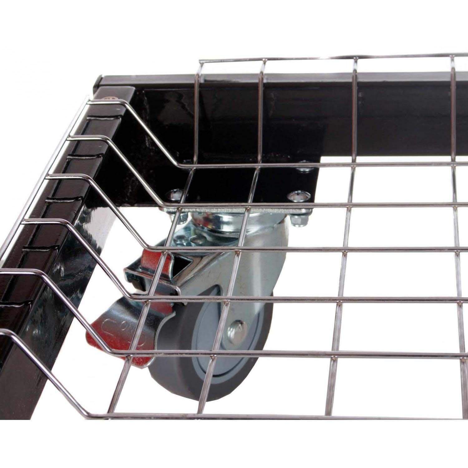 Close-up of lower cooking grate and wheel assembly on kamado grill frame
